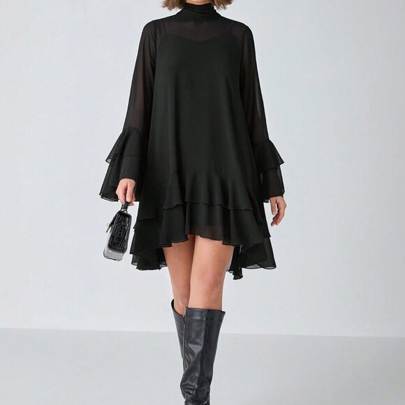 Black Casual Women's Romantic Elegant Chiffon Long-Sleeve ruffled hem dress - Picture 2 of 8